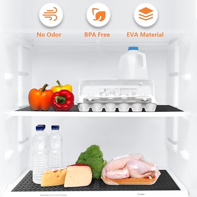 Shelf Liners for Kitchen Cabinets Refrigerator Liners Waterproof & Oil-Proof Kitchen Cupboard Liner Non-Slip Drawer Mats EVA Material Non Adhesive Fridge Liner for Shelves - Black 17.5 x 236.2 Inches