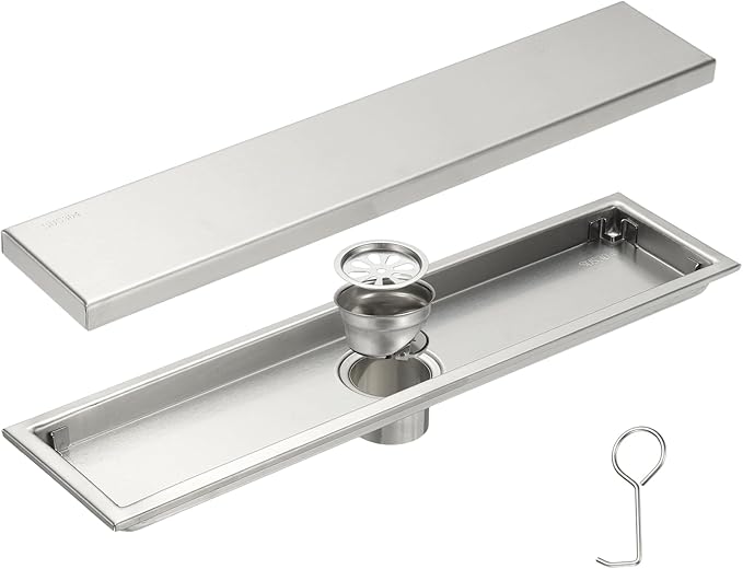 uxcell Rectangular Shower Drain, Brushed 304 Stainless Steel Odor-Proof Floor Drain Linear Shower Drain Hair Catcher for Bathroom Kitchen and Laundry Room(16 Inch, Bright Silver)
