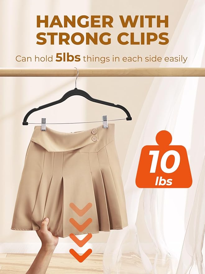 HOUSE DAY Black Velvet Skirt Hangers 48 Pack, Pant Hanger with Adjustable Clips, Space Saving Non Slip Clip Hangers for Pants, Skirts, Shorts