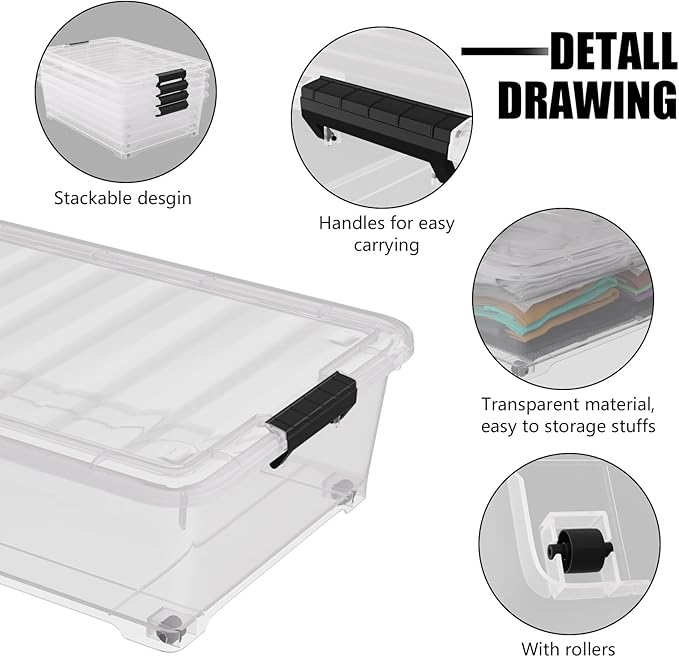 25 Quart Under Bed Clear Latch Bin with Wheel, Plastic Under Bed Storage Box, 4 Pack