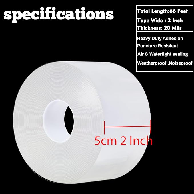 Transparent Window Weather Sealing Tape 2 Inch x 16.5 FT Weather Stripping Residue-Free Clear Window Insulation Tape for Doors Windows and Shower Glass Gaps (2 in * 16.5 FT)