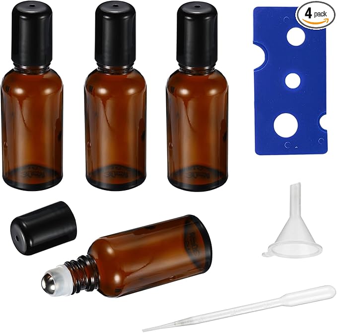 20ML Roller Bottles for Essential Oil, 4 Pack Empty Amber Glass Roller Bottle for Perfume Oil, Roll on Bottles with Stainless Steel Roller Balls, Opener, Funnel and Dropper