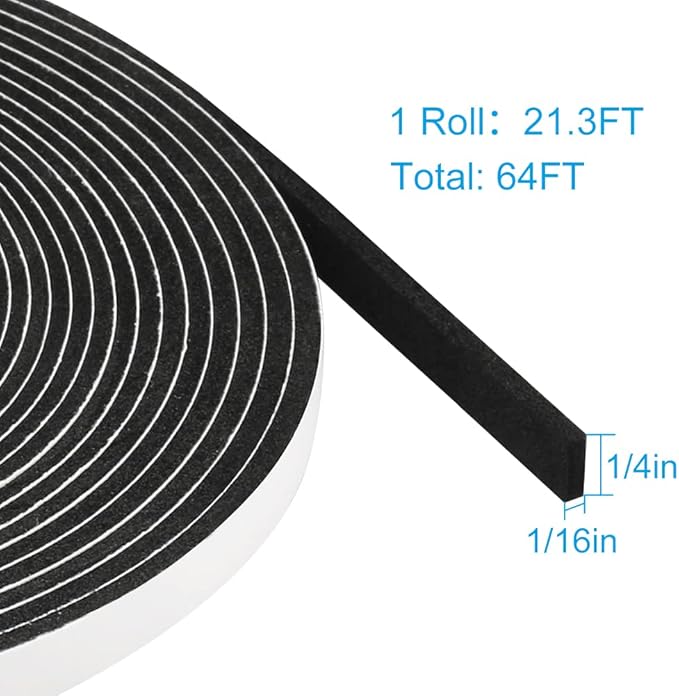 Seal Foam Tape,1/4 Inch W x 1/16 Inch T Weather Stripping for Door and Window,High Density Single Sided Closed Cell Door Insulation Weather Strip,3 Rolls Total 64FT Long