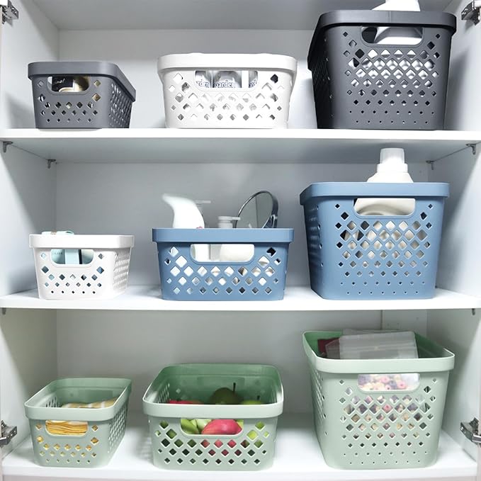 Glad Plastic Baskets for Organizing, Set of 6 | Pantry Storage for Under Counter, Linen Closet, and Bathroom | Nesting Shelf Bins with Handles, 1 Gallon, Marina Blue