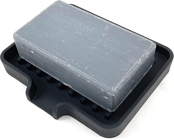 Happitasa Silicone Soap Dish Tray and Sponge Holder with Drain Chute, Pack of 2 | Bathroom and Kitchen Sink Organizer Caddy (Black, 5.2"x4", 7.2 Ounces)