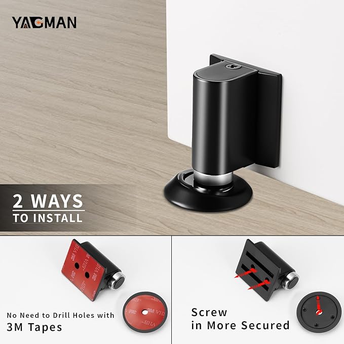 2 Pack Magnetic Door Stoppers Retractable Bottom of Door Holder No Drilling Mount Heavy Duty Floor Door Stop with Screws and Adhesive Catch Door Keep Door Open Matte Black MB-2