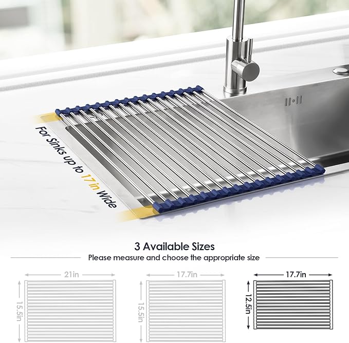 Tomorotec 17.7" x 12.5" Roll Up Dish Drying Rack Over Sink Drying Rack Sink Cover Kitchen Sink Accessories Gadget Multipurpose Organizer Foldable Stainless Steel Drainer