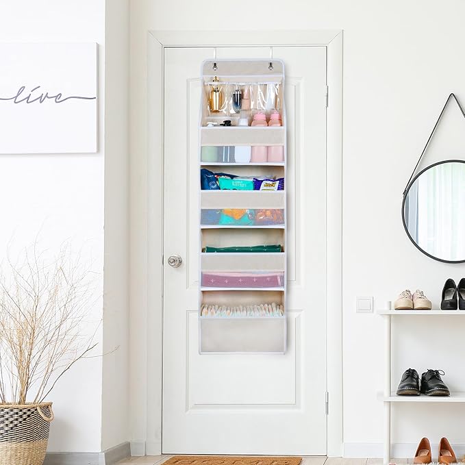 Univivi 5-Shelf Over Door Hanging Organizer Fabric Door Storage with 4 Large Pockets and 3 Small PVC Pockets Wall Mount Hanging Storage Organizers for Baby Nursery (Beige Pattern)