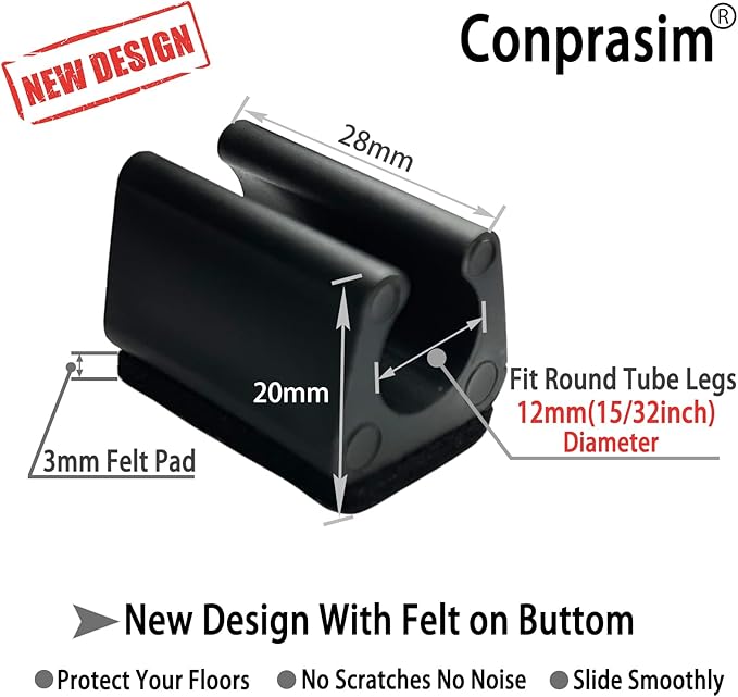 Rectangle U Shaped Chair Leg Tips Caps with Felt Pads,Furniture Feet Protector Slide Smoothly Glides No Scratches No Noise Protect Hardwood Floor,Fit 12mm(15/32inch) Diameter Tubular Leg (Black 8PCS)
