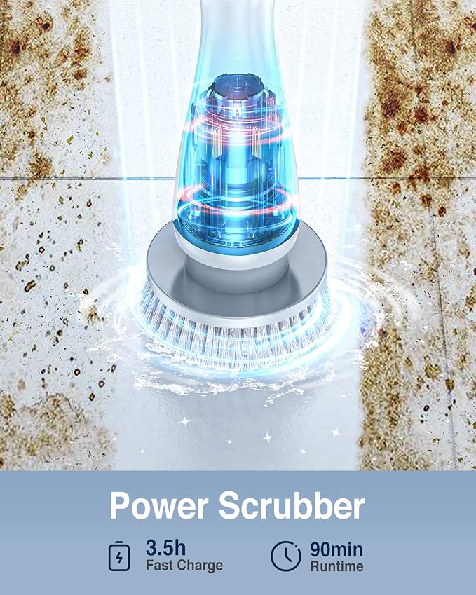 LABIGO Electric Spin Scrubber, Cordless Cleaning Brush Scrubber with 7 Replaceable Brush Heads and Adjustable Extension Handle, IPX7 Waterproof Power Cleaning Brush for Bathroom Tub Floor Tile Shower