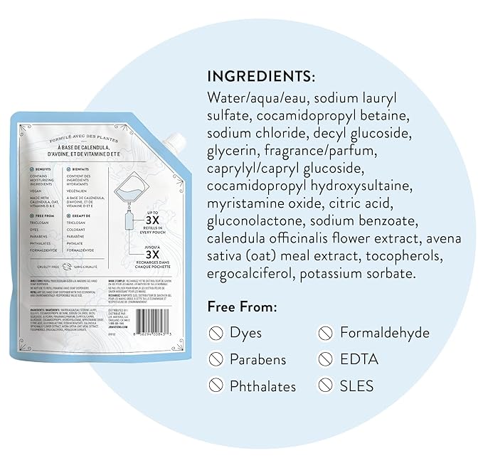 J.R. Watkins Gel Hand Soap Refill Pouch, Scented Liquid Hand Wash for Bathroom or Kitchen, USA Made and Cruelty Free, 34 fl oz, Ocean Breeze, 6 Pack