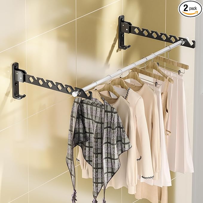 Dr.DJ Wall Mount Coat Hanger Holder Black Clothes Drying Organizer Rack Garment Hooks Aluminium Retractable Folding Indoor Wall Mounted Hanger for Laundry Room Bedroom Black 2Pack with 80cm Rod