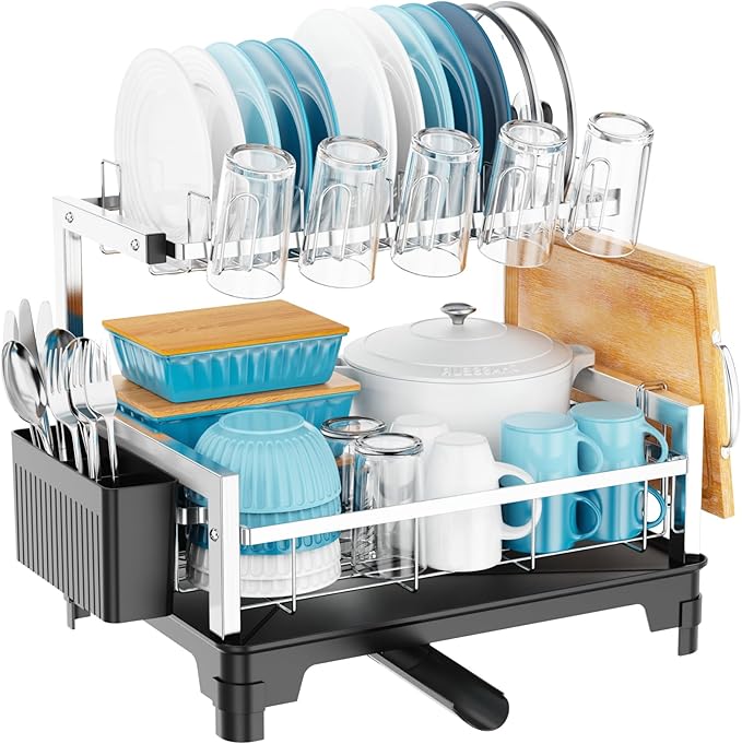 GSlife Dish Drying Rack for Kitchen Counter - Stainless Steel 2 Tier Dish Drainer with Cutting Board, Cup Holder and Utensil Holder, Auto Drain, 21" L x 12.6" W, Silver