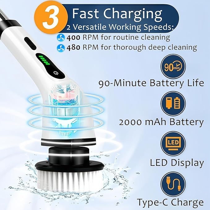 Electric Spin Scrubber, Cordless Cleaning Brush with 9 Attachment Shower and Grout Cleaner, Adjustable Extension Handle, IPX7 Waterproof for Tile Floor Tub Car (White)