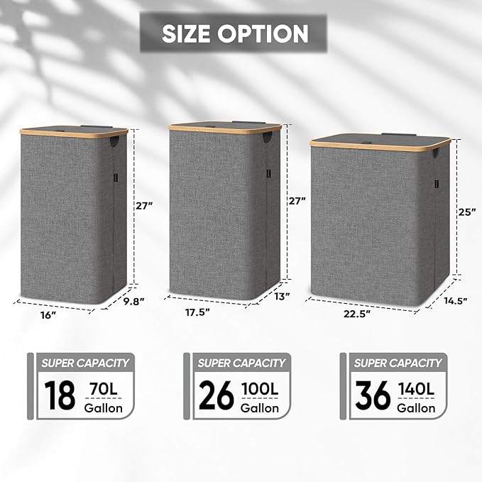BALEINE Laundry Hamper with Lid, Tall Laundry Baskets with Bamboo Pull Handles, Large Laundry Bin with Internal Support (26 Gal/100L, Black)