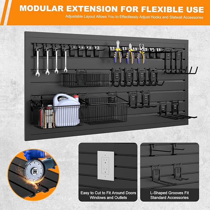DoCred Slatwall Paneling Organizer, 4x2 FT PVC Garage Slat Wall Storage Systems, Heavy Duty Mounted Slat Peg Board for Tool Organization Ladder Bike Rack (Black)
