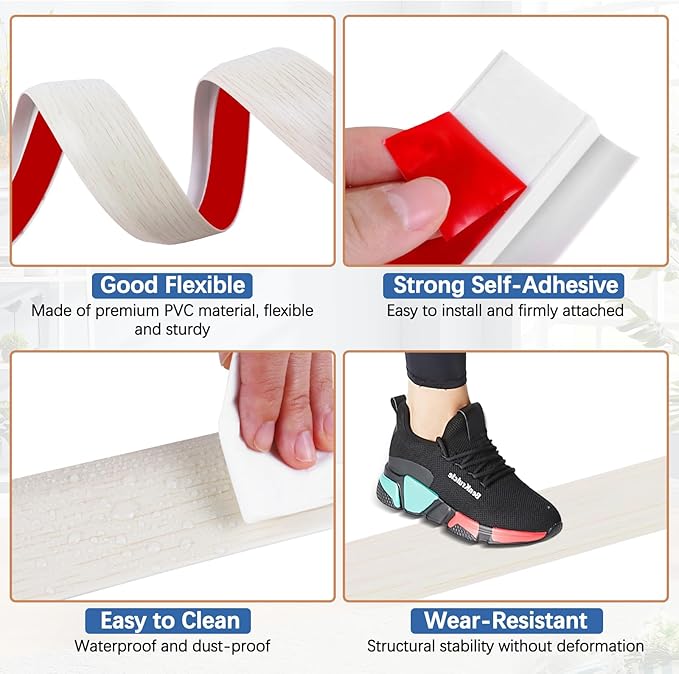 Vinyl Door Threshold Flooring Transition Strip Self Adhesive Carpet Edging Strip for Laminate Doorway Edge Threshold from 3/5" to 4/5" (Beige Wood Grain, 10 Ft)