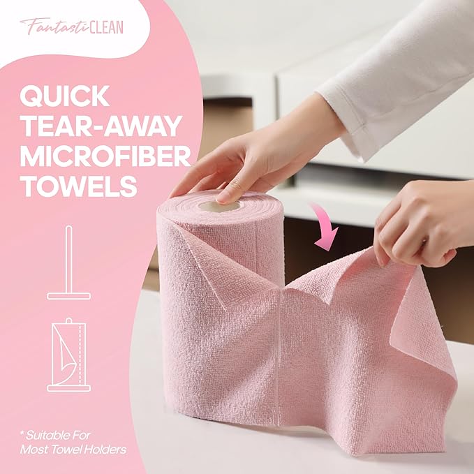 Fantasticlean Microfiber Cleaning Cloth Roll -60 Pack, Tear Away Paperless Towels, 8" x 8", Reusable Washable Rags, for Home Kitchen, Pet, Office, Indoor Outdoor, Compact and Portable (Pink)