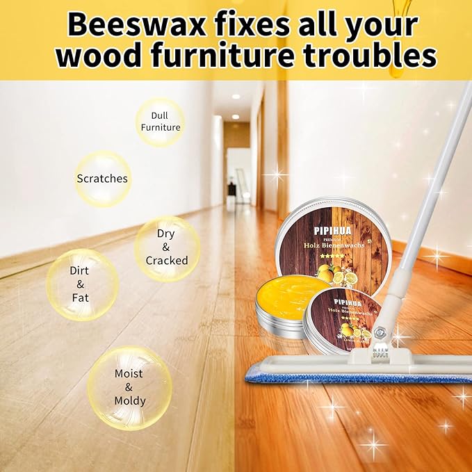 PIPIHUA Beeswax Polish and Conditioner for Wood Furniture - Waterproof & Restorer Wood Wax, Multipurpose Beeswax Furniture Polish and Cleaner for All Types and Colours, Lemon(100g with Sponge)