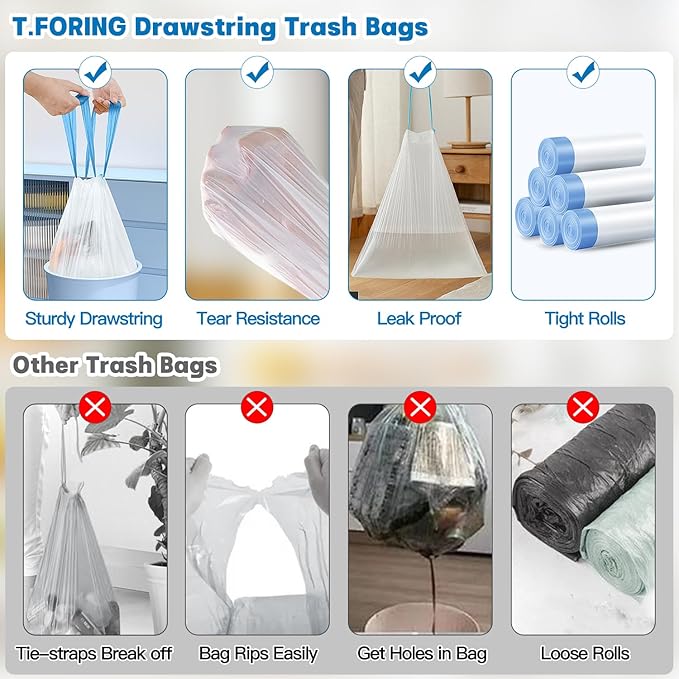 5 Gallon Trash Bags Drawstring 1.1 Mil - 120 Count 18 Liter Small Garbage Bags for Bathroom, Strong Unscented White Plastic Wastebasket Bin Liners for Kitchen Office Toilet and Bedroom