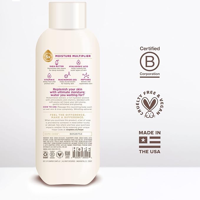 Soapbox Body Wash, Watermelon + Peony Body Wash for Women, Men, Vegan & Antioxidant Rich, Exfoliating, Moisturizing Soap with Shea Butter, Peptides & Keratin Promoting B3, 3 Pack, 20oz Each