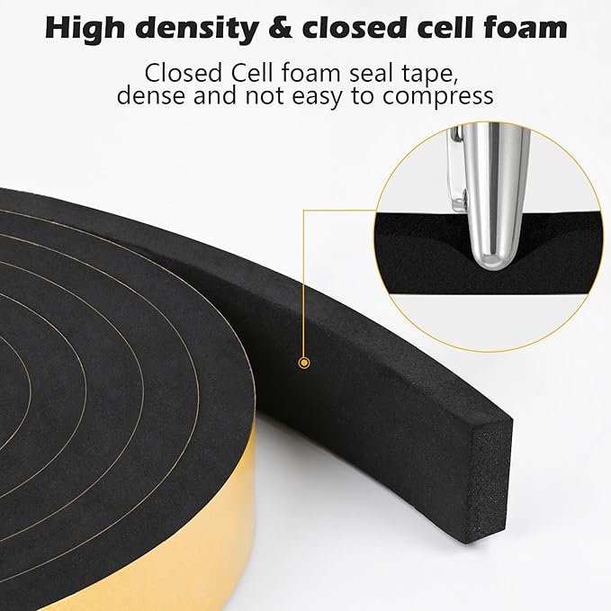 ToLanbbt Black Door Window Weather Stripping Self Adhesive Foam Tape High Density Foam Sealing Strip Window Insulation Weatherproof Gasket Tape 1" Wide X 3/4" Thick, 6.5 Ft X 2 Rolls, Total 13 Feet