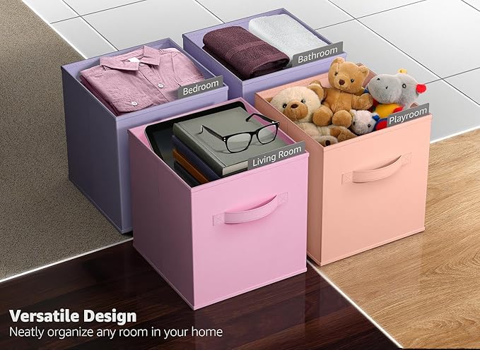 Sorbus Storage Cubes - 11" Foldable Storage Bins with Handle for Nursery, Playroom, Closet Organizers and Storage - 6 Fabric Shelf Basket for Toys, Books, Clothes - Orange Purple & Pink Storage Cubes
