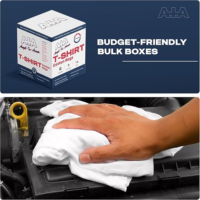Angel-in-Armor White T-Shirt Rags – 25lb Bulk Box of Recycled Cotton Knit Shop Rags – Low Lint Cleaning Cloths for Mechanics, Oil Changes, Industrial and Commercial Use
