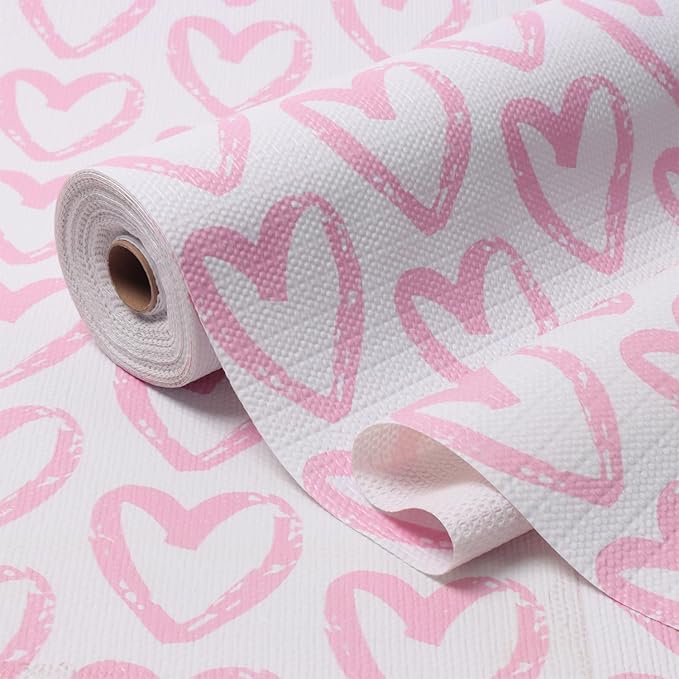 Heart Drawer Liner for Cabinets 16IN x 20FT,Shelf Liner Non-Adhesive and Strong Non-Slip Cabinet Drawer Liners for Kitchen,Table,Bookshelves,Waterproof Cupboard Liners,Pink