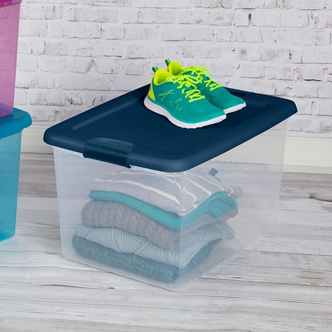 Sterilite 18-Pack Color Program, Large Clear Plastic Storage Bins with Lids, 64 Quart, Blue - Stackable Organizing Container Boxes for Closet, Bathroom, and Office