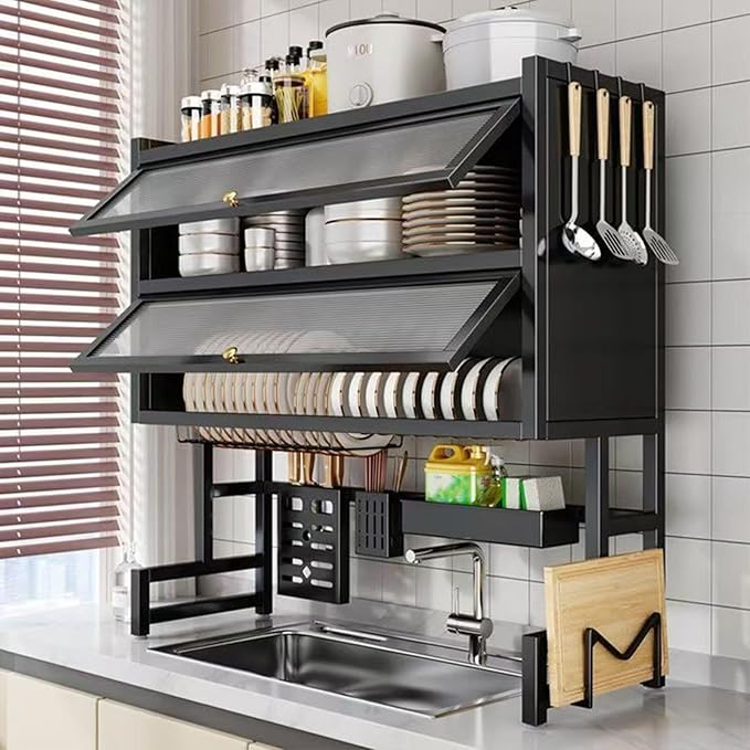 Dish Drying Rack 4 Tiers with Cover, Keep Kitchen Sink Shlef Organized Space-Saving Dish Drying Rack, for Dishes, Glasses, Bowls, Cutlery (black, W-29.5)