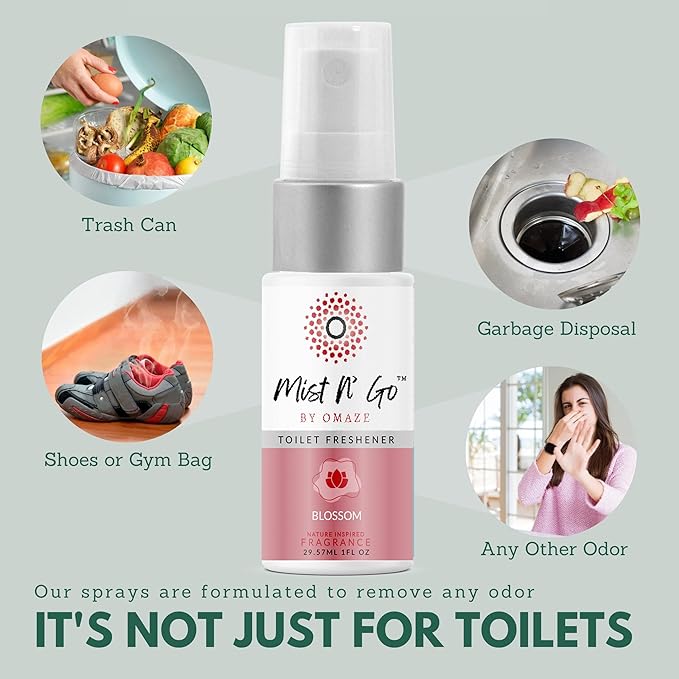 Mist N’ Go by Omaze Travel Bathroom Spray for Toilet Spray Odor Eliminator - Travel Toilet Spray for Bathroom Air Freshener Spray for Bathroom Deodorizer - Blossom Travel Size (1oz x5)