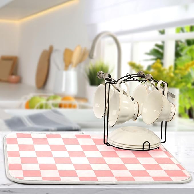 Buffalo Plaid Pink Dish Drying Mat for Kitchen Countertop 18x24 Chessboard Rectangle Large Drying Mat Reusable Quick Dry Dish Sink Absorbent Mats Dishwasher Easy Clean Decorative Home Essentials