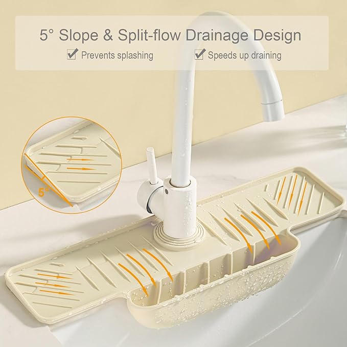 Silicone Faucet Mat with Sponge Holder, Sink Splash Guard, Faucet Draining Mat for Kitchen Bathroom, 5° Slope Split-flow Drainage, Sink Dry and Tidy Organizer, Gray
