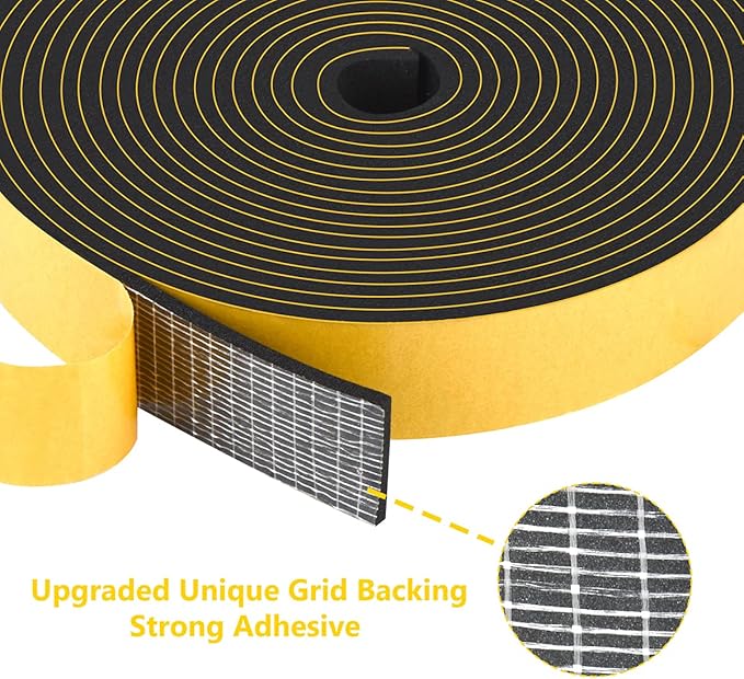Weather Stripping High Density, Soundproof Door Seal Strips, 1 in x 1/8 in Weatherproof Foam Insulation Tapes for Windows Sliding Doors, Easy Cut to Size, 2 Rolls Total 33Ft