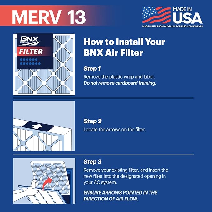 BNX TruFilter 16x25x1 Air Filter MERV 13 (6-Pack) - MADE IN USA - Electrostatic Pleated Air Conditioner HVAC AC Furnace Filters for Allergies, Pollen, Mold, Bacteria, Smoke, Allergen, MPR 1900 FPR 10