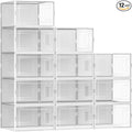 Secret Space 12 Pack XX Large Shoe Storage Organizer for Closet, Modular Space Saving Shoe Boxes Clear Plastic Stackable Containers Display Case Bins with Lids, Shoe Rack for Sneaker Storage, White02
