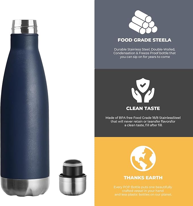 MEWAY 17oz Sport Water Bottle 12 Pack Vacuum Insulated Stainless Steel Leak-Proof Double Wall Cola Shape Water Bottle,Keep Drinks Hot & Cold (Navy,12 Pack)