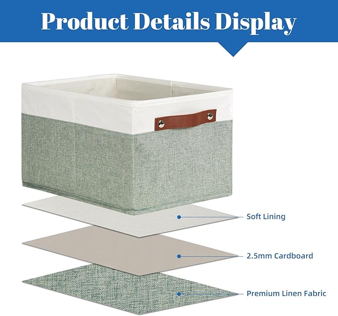 Temary Storage Bins Storage Baskets 4Pack Fabric Storage Bins for Shelves with Dual Leather Handles Canvas Storage Boxes for Organizing Home, Shelf, Closet (White&Green)