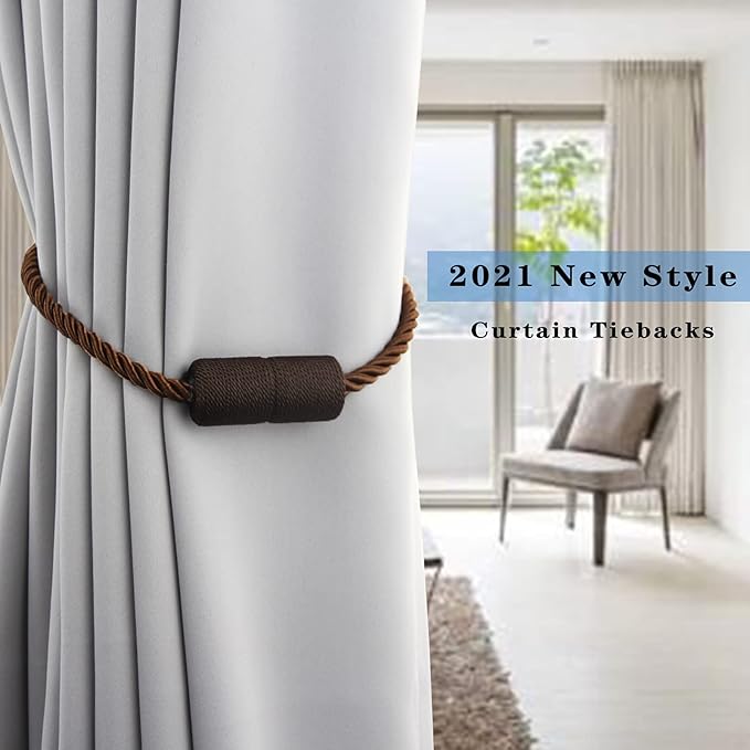 2 Pack Strong Magnetic Curtain Tiebacks Outdoor Elegant Decorative Tie Backs Modern Rope Tiebacks for Drapes Window Curtain Holdbacks for Draperies- Coffee