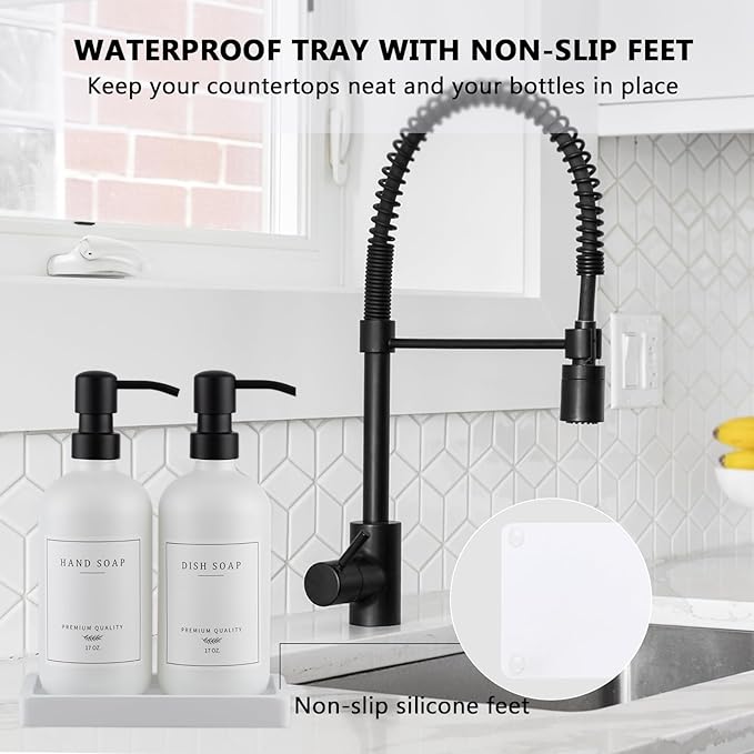 Thick Glass Soap Dispenser - Kitchen Dish Hand Soap Dispenser Set,Rustproof Pump Soap Lotion Dispenser Bathroom with Tray,14 Stickers for Kitchen Decor White Bottle/Black Pump