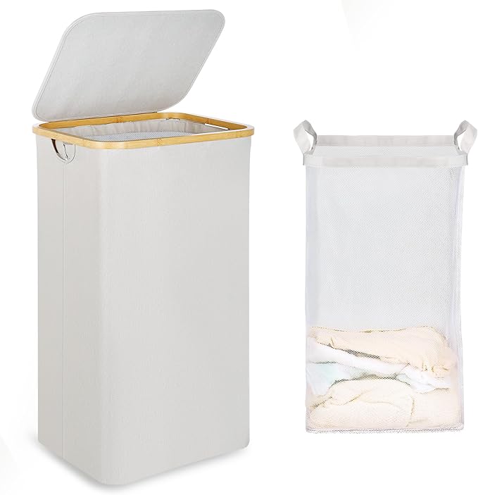 efluky Laundry Basket with Lid and Removable Bag, 100L Tall Laundry Hamper with Bamboo Handles, Aesthetic Dirty Clothes Bin for Laundry Room, Bathroom, Bedroom and Dorm, Light Grey