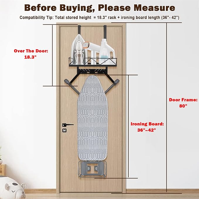 Ironing Board Hanger, Metal Over The Door or Wall Mounted Ironing Board Caddy, Ironing Board Storage Shelf with Adjustable Hooks for Laundry Room, Living Room, Bathroom (Matte Black)