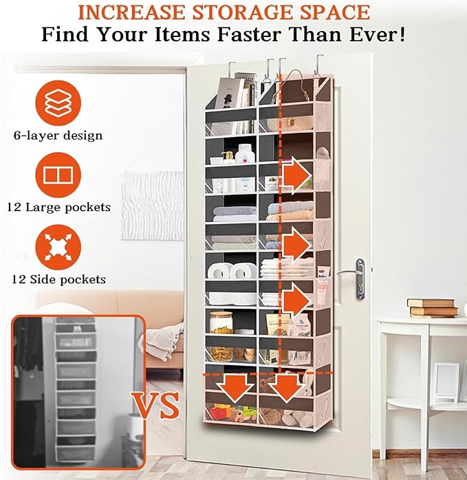 Over the Door Organizer 6 Tiers, Extra Large Behind Door Storage of 12 Compartments, 80 lbs Weight Capacity Hanging Storage Organizer with Clear Window Kids Toys, Shoes, Diapers, Room storage