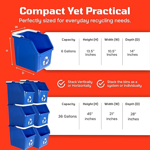 6 Gallon Stackable Recycling Bins for Homes, Garages, Offices Made of 100% Recycled Plastic - (Red, 6 Pack)
