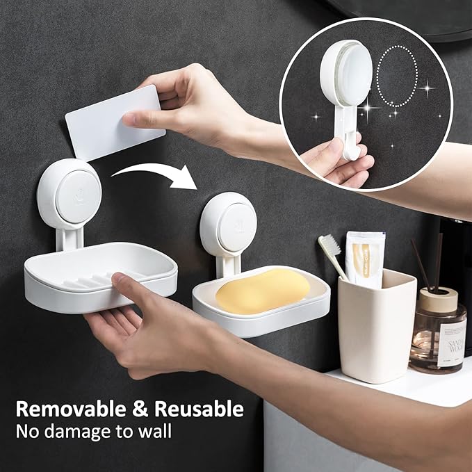LEVERLOC Soap Holder Suction Cup for Shower, 2 Pack Bar Soap Dish Holder for Shower Wall Mounted NO-Drilling, Plastic Self Draining Removable Vacuum Suction for Bathroom Bathtub Sink