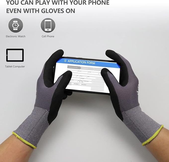 LOCCEF Work Gloves MicroFoam Nitrile Coated-6 Pairs,Seamless Knit Nylon Gloves,Gray Work gloves