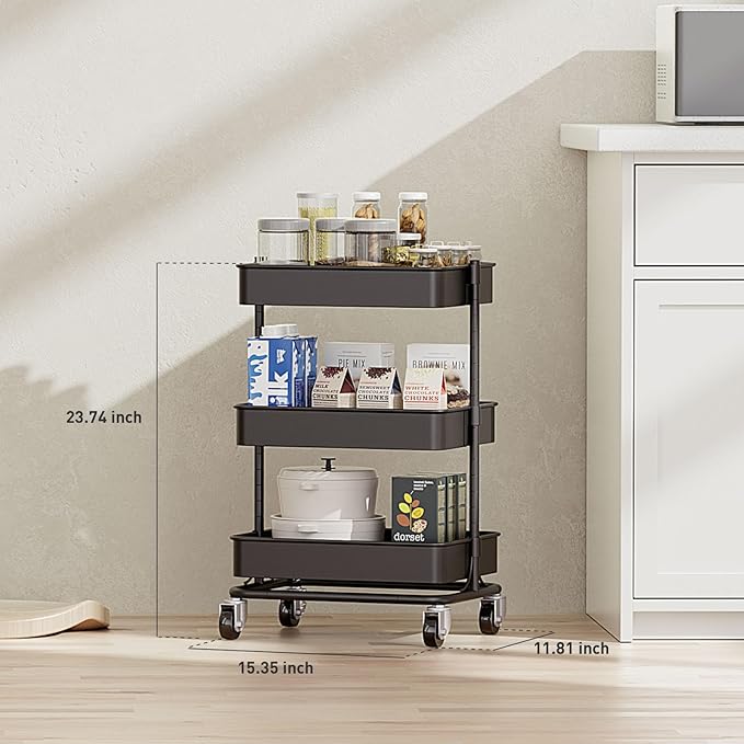 3 Tier Modern Metal Rolling Tool Cart with Silent Casters, 15.35x11.81x23.74 inch Heavy Duty Organization Truck Trolley Organizer for Office, Living Room, Kitchen, (Black)