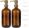 Emerson Essentials Glass Soap Bottle Dispensers, 2 Pack, Stainless-Steel Pumps Rust-Free, Hand Set for Bathroom Kitchen Sink, Liquid Lotion Shampoo Jars with 4 Waterproof Labels, 16 Oz Amber/Gold