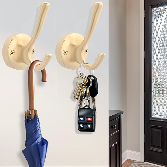 Gold Hat and Coat Hooks, 4 Pack Heavy Duty Coat Robe Hook, Metal Double Backpack Hook Wall Mounted, Towel Hooks for Bathroom Entryway Cubicle Closet Garage